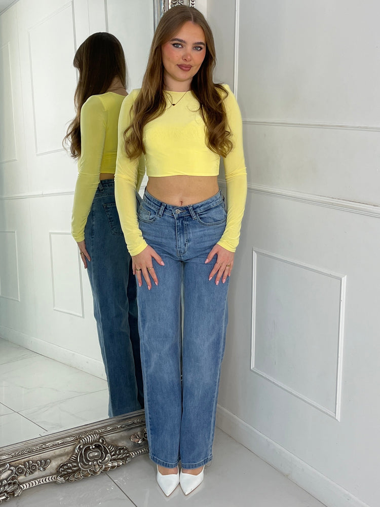 Padded Shoulder Long Sleeve Crop Top - Yellow