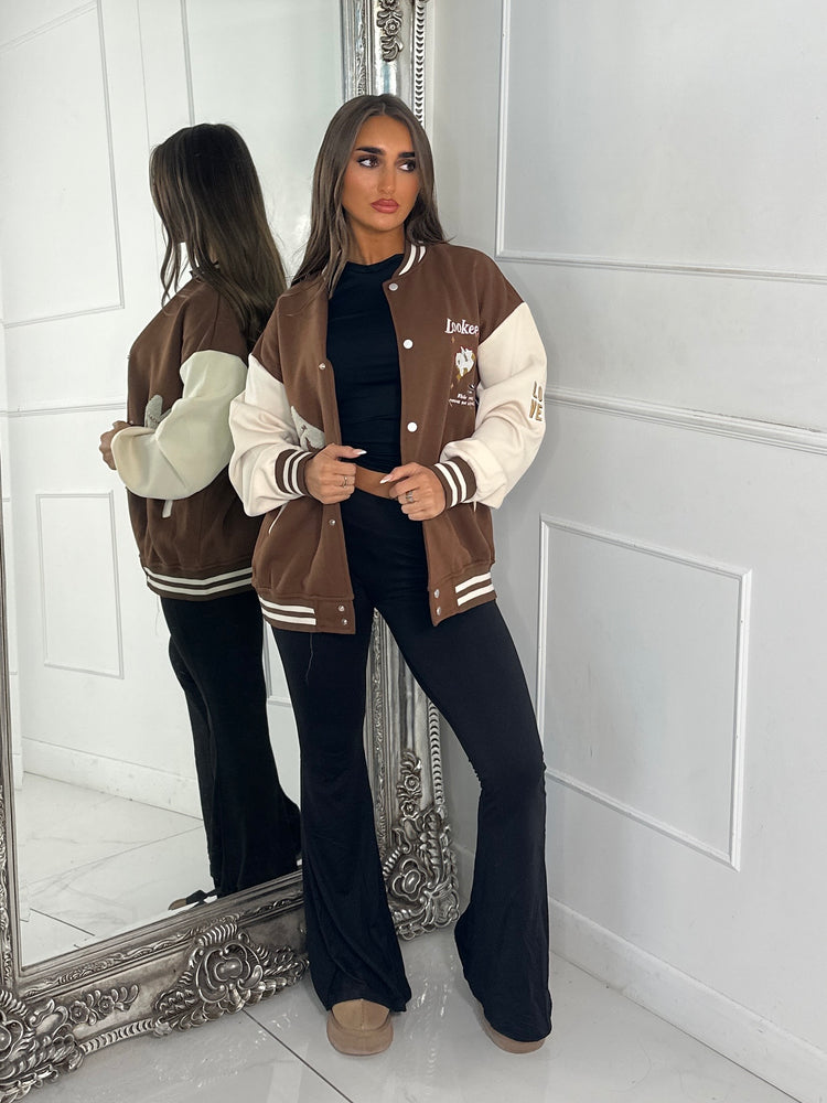 Embroidered Teddy Detail Varsity Jacket - Brown/Cream