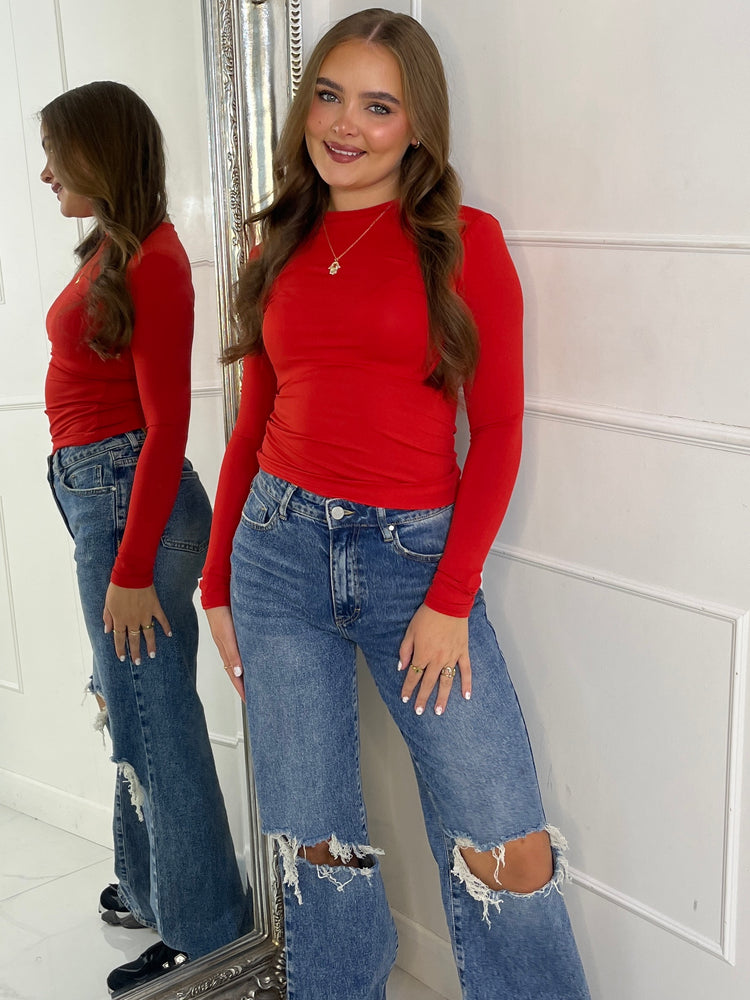 Round Neck Long Sleeve Top Second Skin - Red