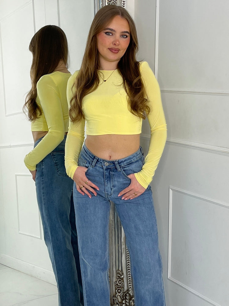 Padded Shoulder Long Sleeve Crop Top - Yellow