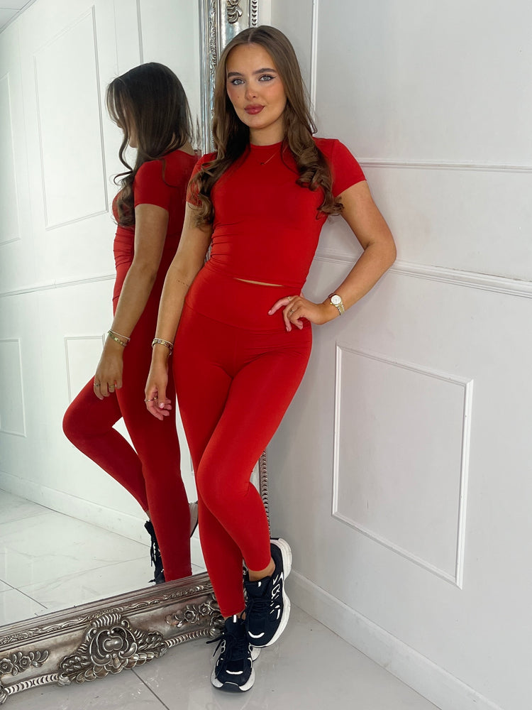 Round Neck Short Sleeve Second Skin Top & Sculpt Panel Leggings - Red
