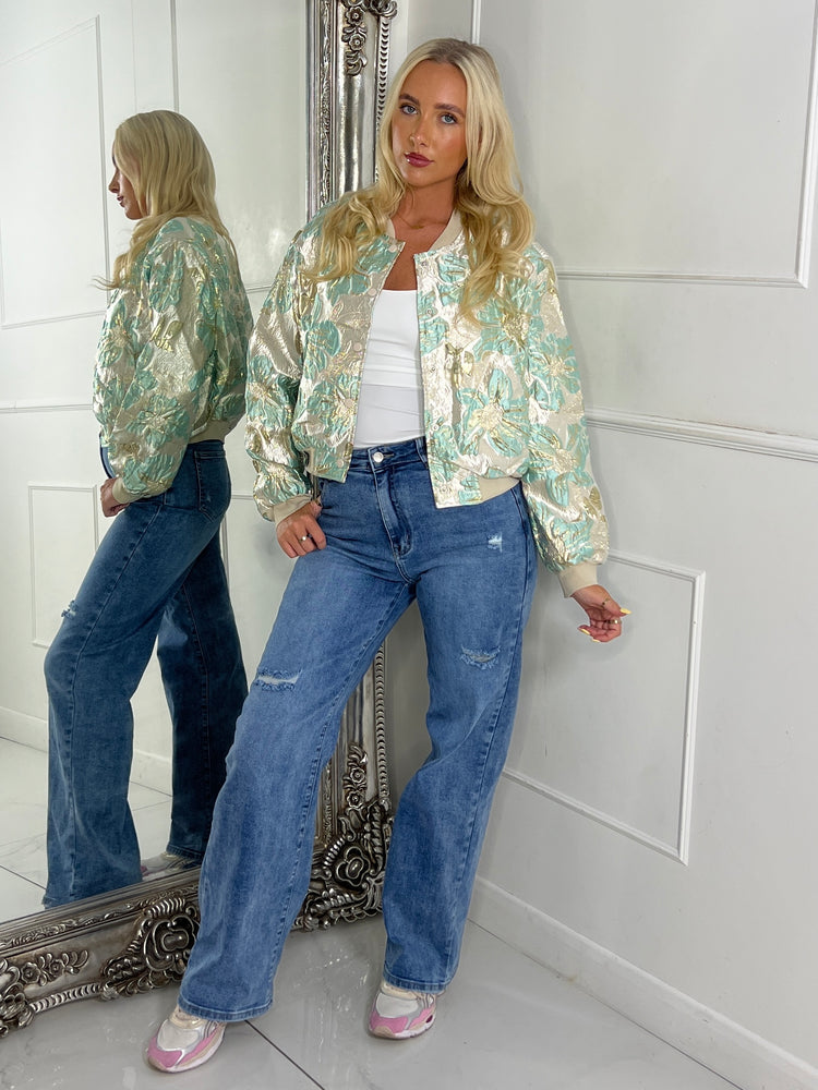 3D Floral Bomber Jacket - Mint Green/ Gold