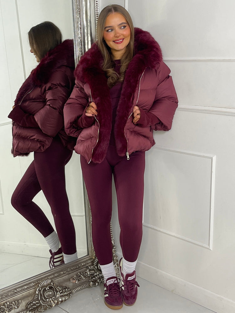 Hooded Puffer Coat With Faux Fur Trim - Wine