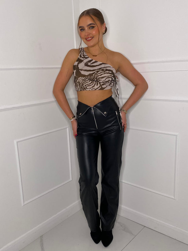 Zip Detail Leather Look Trousers - Black
