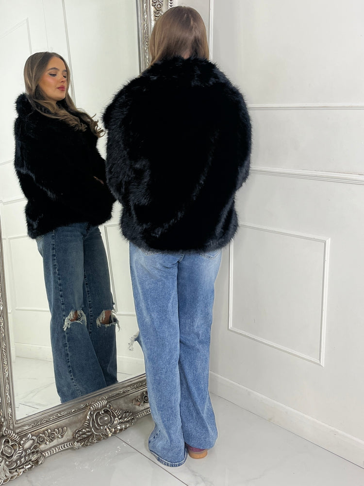 Soft Faux Fur Collar Detail Oversized Jacket - Black