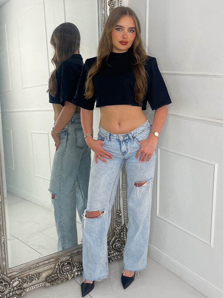 Cotton Padded Shoulder Oversized Cropped Tee - Black