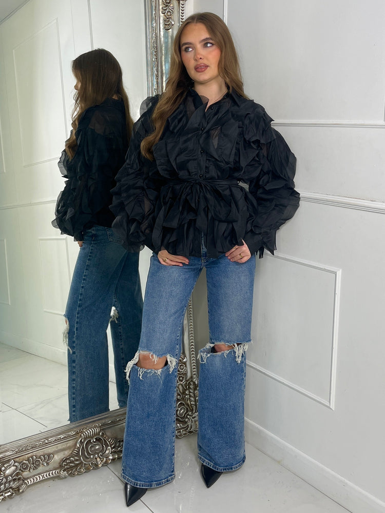 Belted Ruffle Detail Mesh Shirt - Black