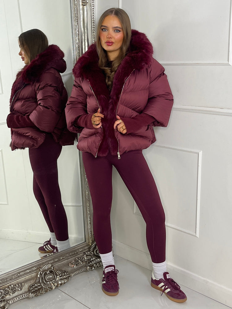Hooded Puffer Coat With Faux Fur Trim - Wine