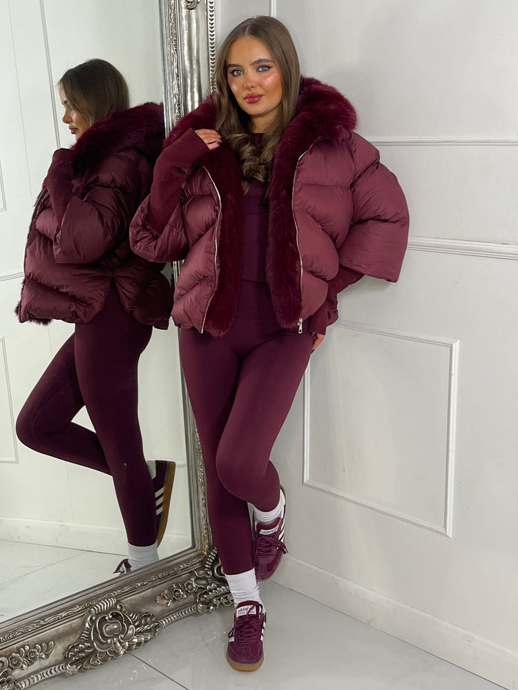 Hooded Puffer Coat With Faux Fur Trim - Wine