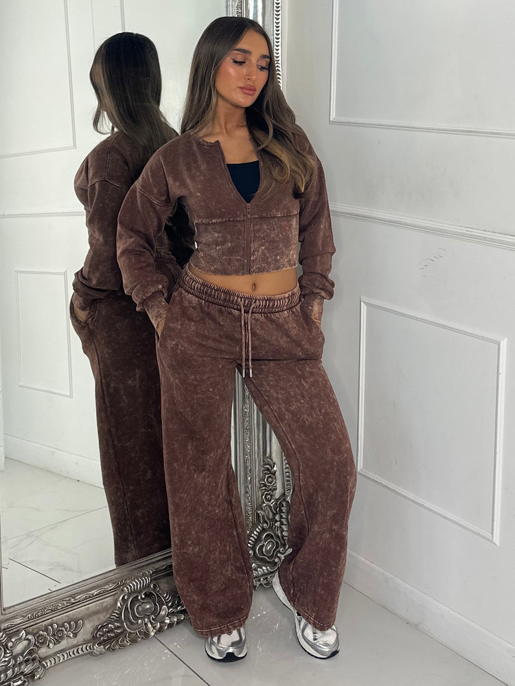 Cropped Zip Up Acid Wash Tracksuit - Chocolate