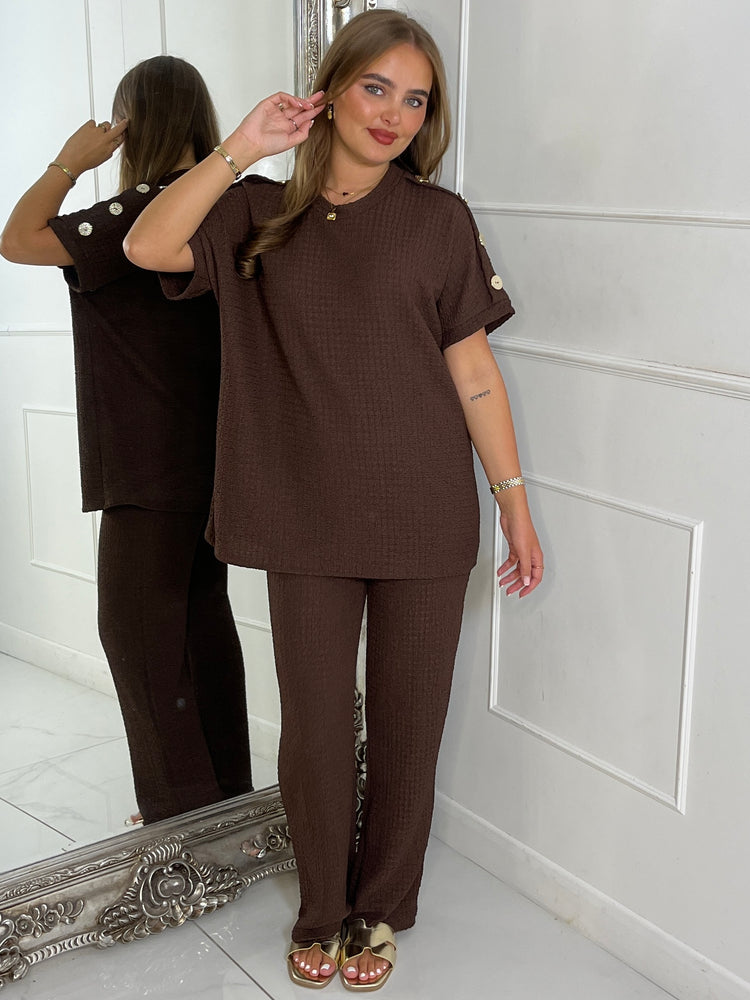 Gold Button Detail Oversized Top & Wide Leg Pants Co-Ord - Brown