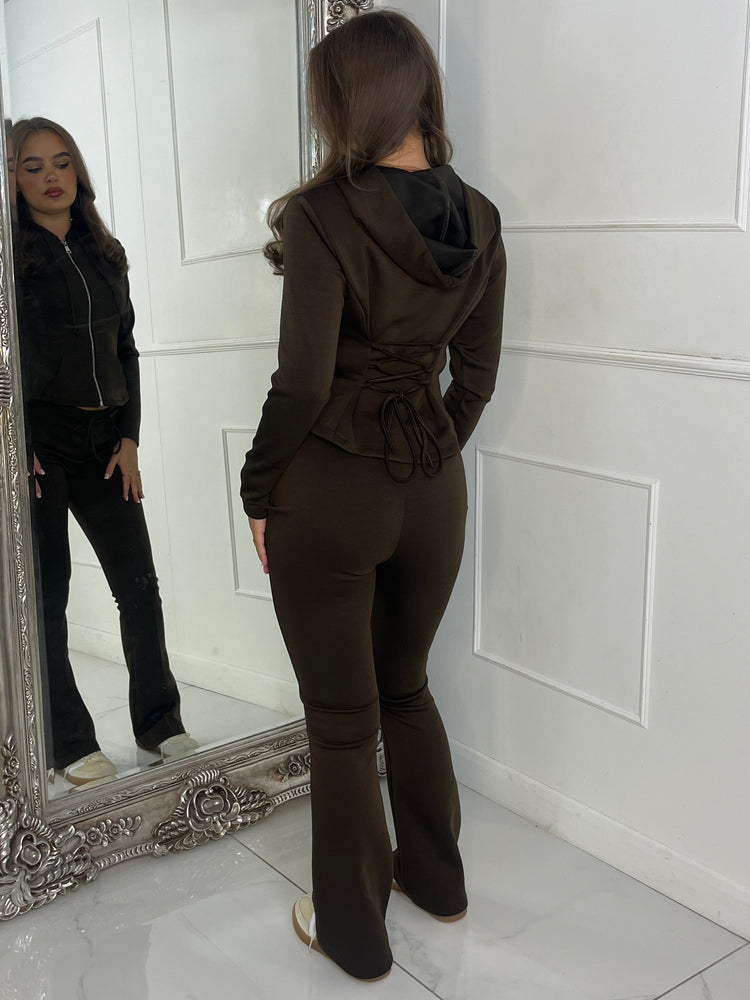 Tie Up Corset Detail Back Hoodie & Seam Detail Flared Pants - Chocolate Brown