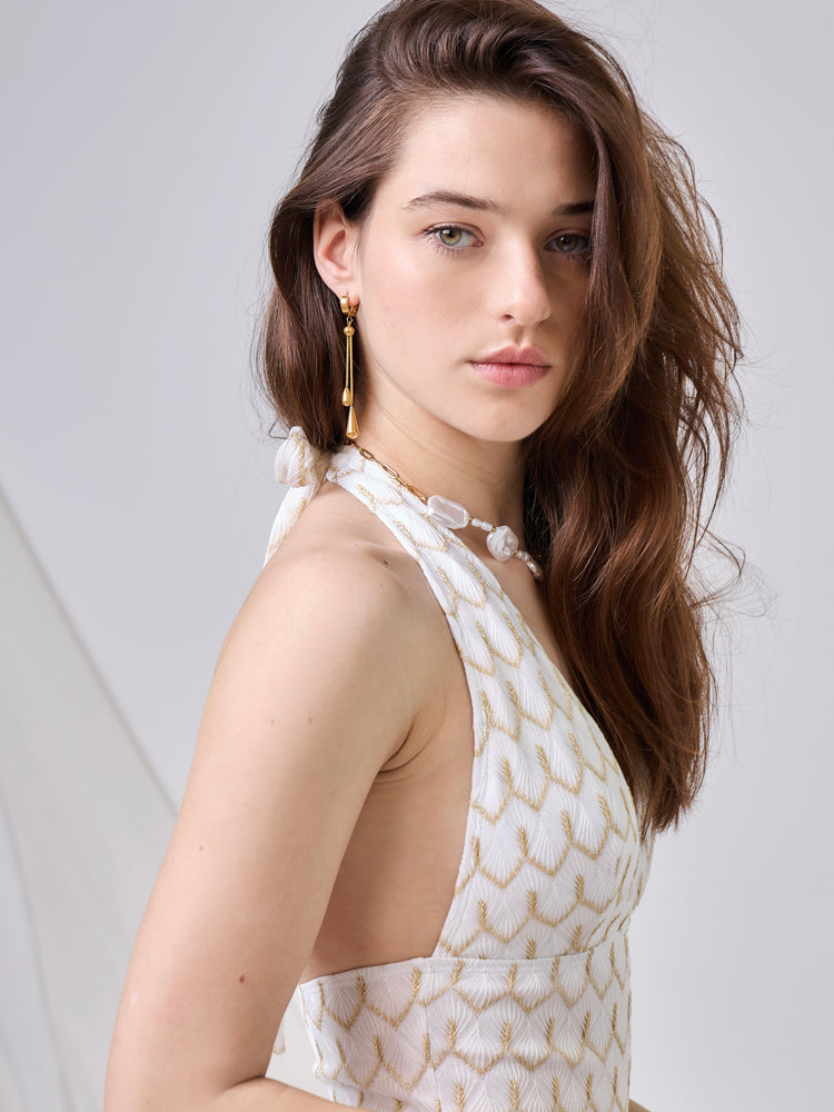 Zig Zag Detail Low Cut Swimsuit- White/Beige