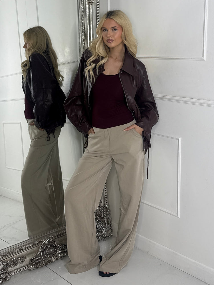 Oversized Leather PU Jacket with Drawstrings - Brown