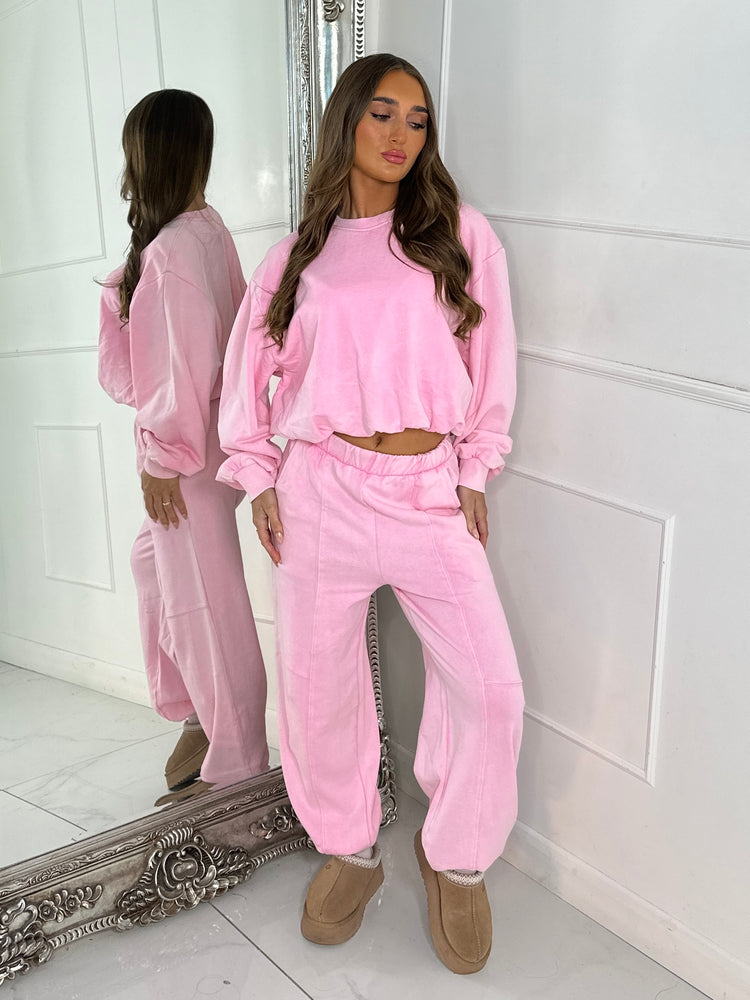 Bubble Hem Sweatshirt & Joggers Tracksuit - Acid Pink