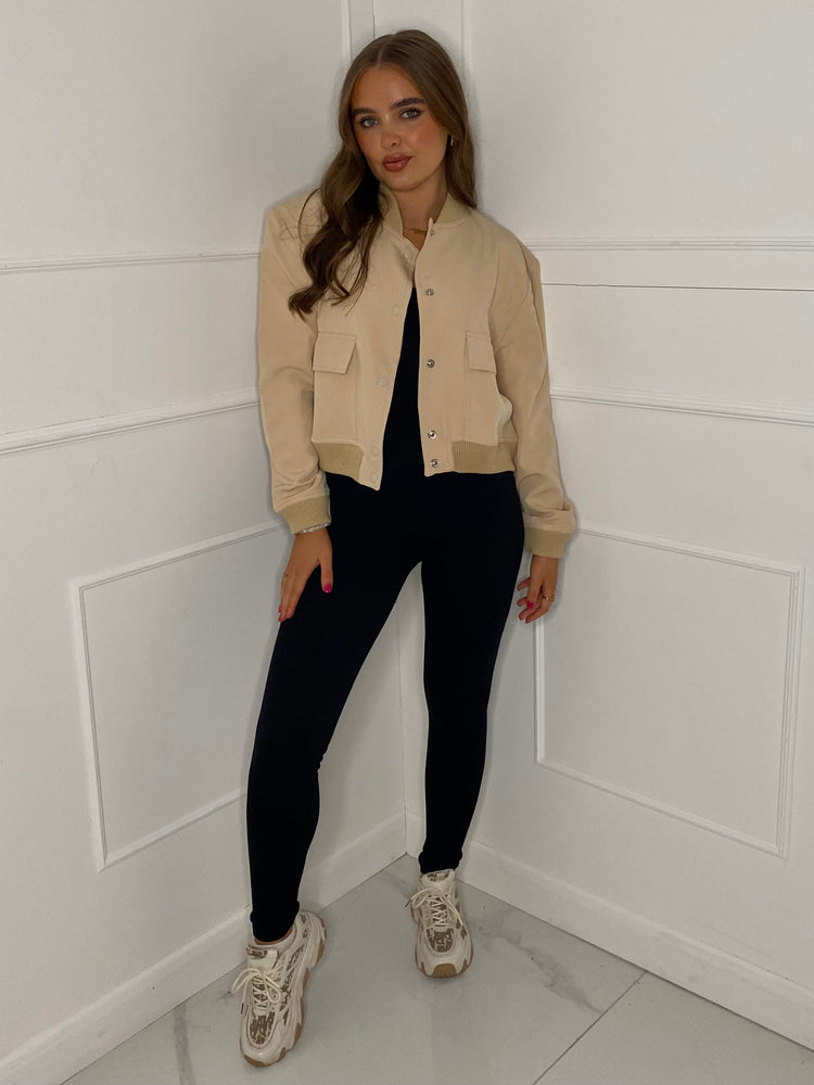 Cropped Pocket Detail Bomber Jacket -Beige