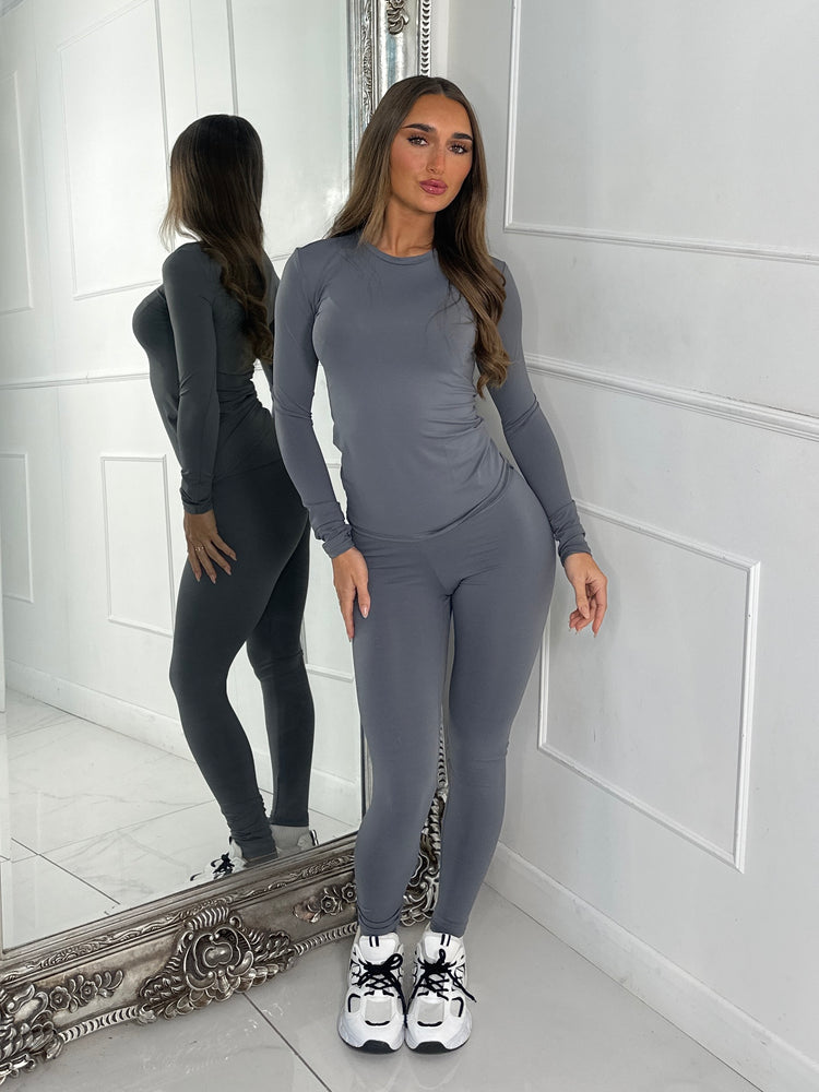 Round Neck Long Sleeve Second Skin Top & Sculpt Panel Leggings - Charcoal Grey