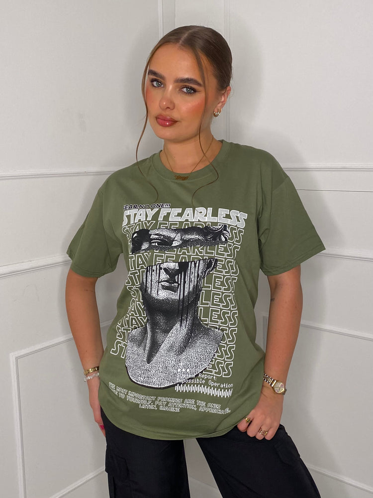 Fearless Statue Print T-shirt- Khaki Green