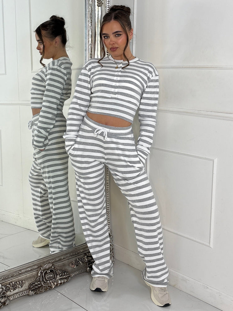 Ribbed Button Up Cinch Waist Co-Ord - Grey Stripe