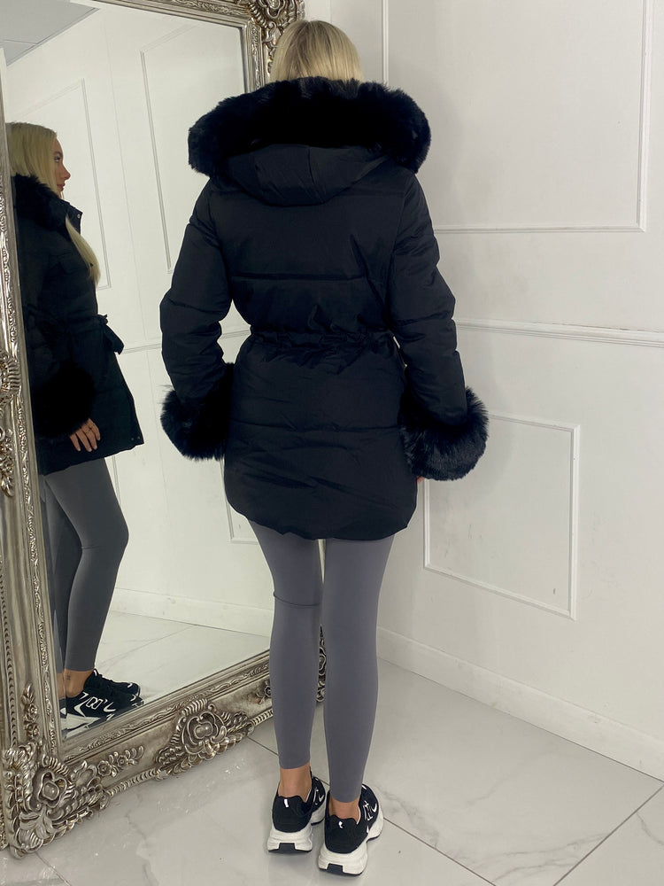 Fur Hood Trim Detail Longline Jacket - Black