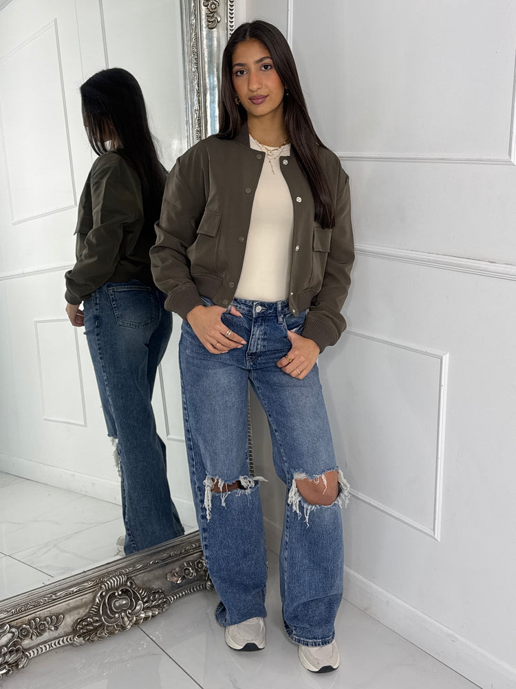 Cropped Pocket Detail Bomber Jacket - Khaki