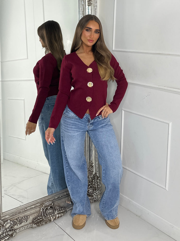 V Neck Sea Shell Detail Long Sleeve Jumper - Wine