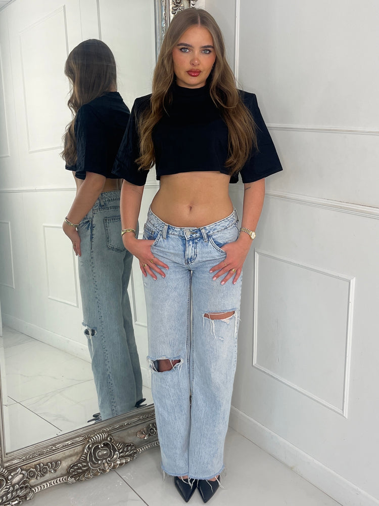 Cotton Padded Shoulder Oversized Cropped Tee - Black