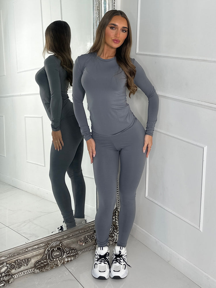 Round Neck Long Sleeve Second Skin Top & Sculpt Panel Leggings - Charcoal Grey
