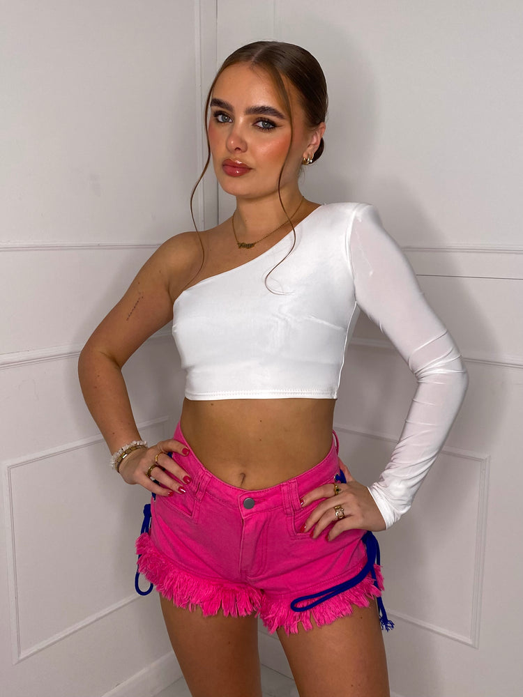 Fringe Detail Denim Lace Up Shorts - Pink/Royal Blue