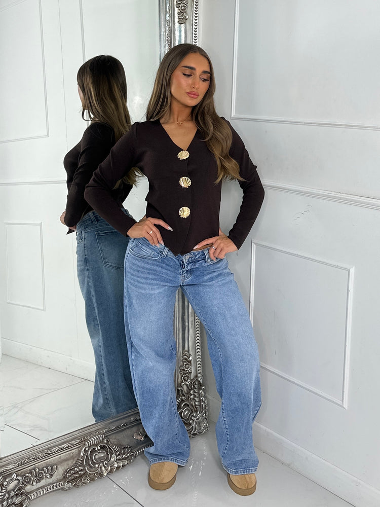 V Neck Sea Shell Detail Long Sleeve Jumper - Brown