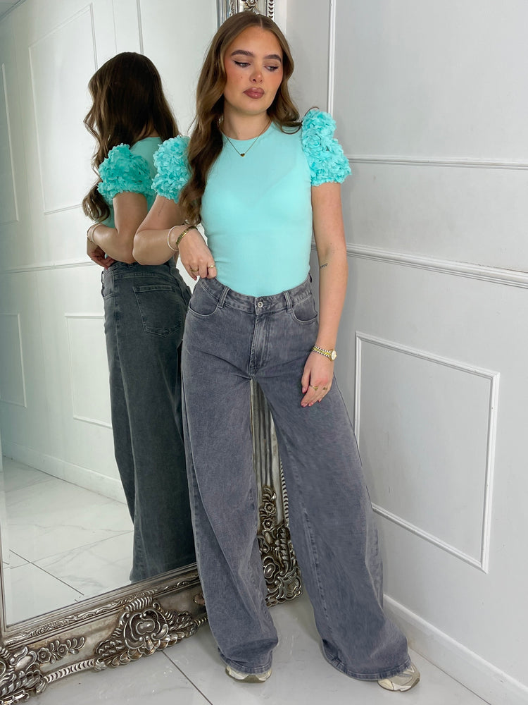 Mesh Ruffle Shoulder Tee - Mint Ribbed