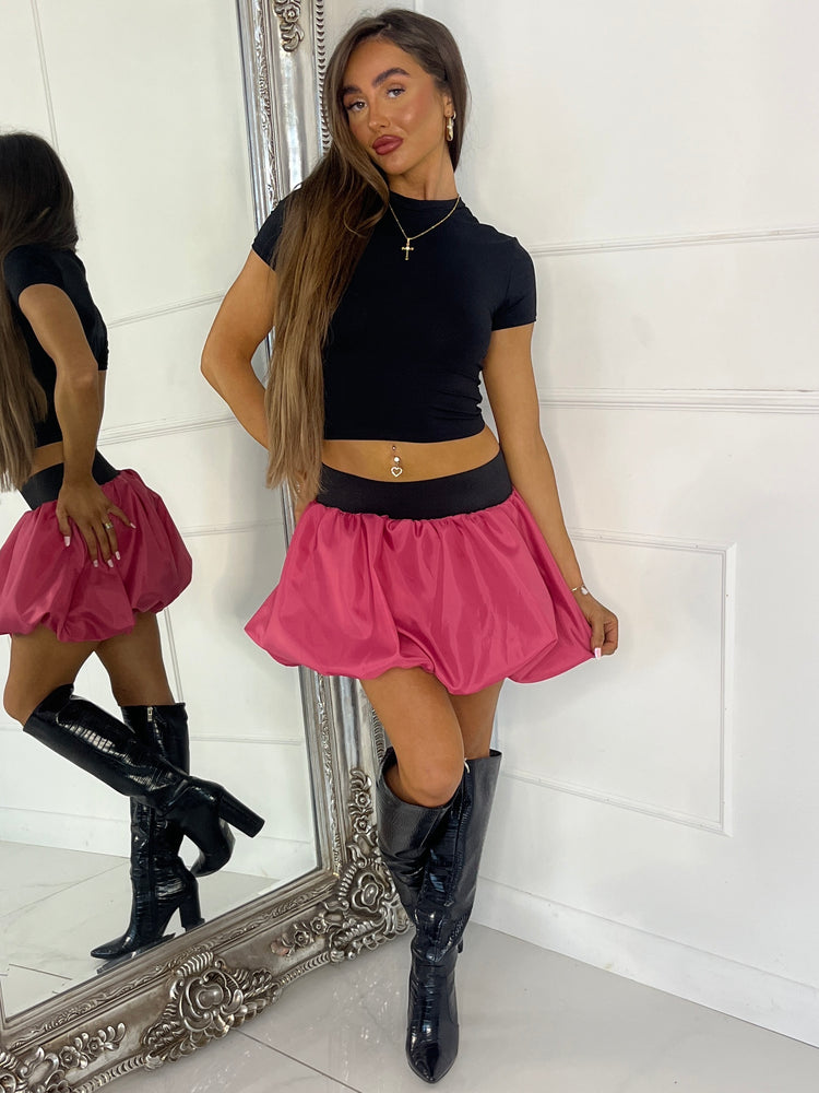 Band Detail Puffball Skirt - Hot Pink With Black Band