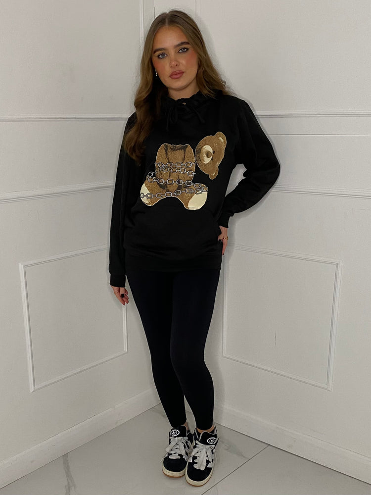 Headless Chain Teddy Print Hoodie - Black