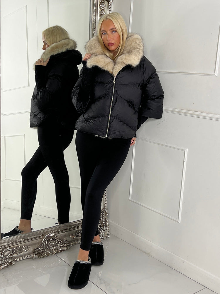 Hooded Puffer Coat With Faux Fur Trim - Black/Apricot Fur