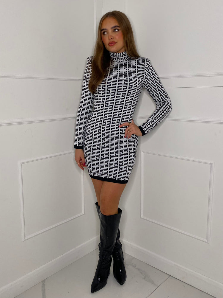Maze Print High Neck Shoulder Pad Dress - Black/White