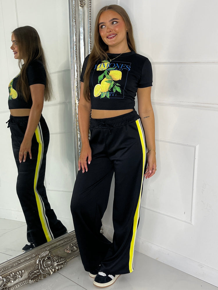 Lemon Tee & Side Stripe Trousers Co-Ord - Black
