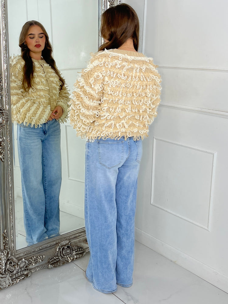 Soft Fluffy Loop Detail Cardigan - Beige/Cream Mixed