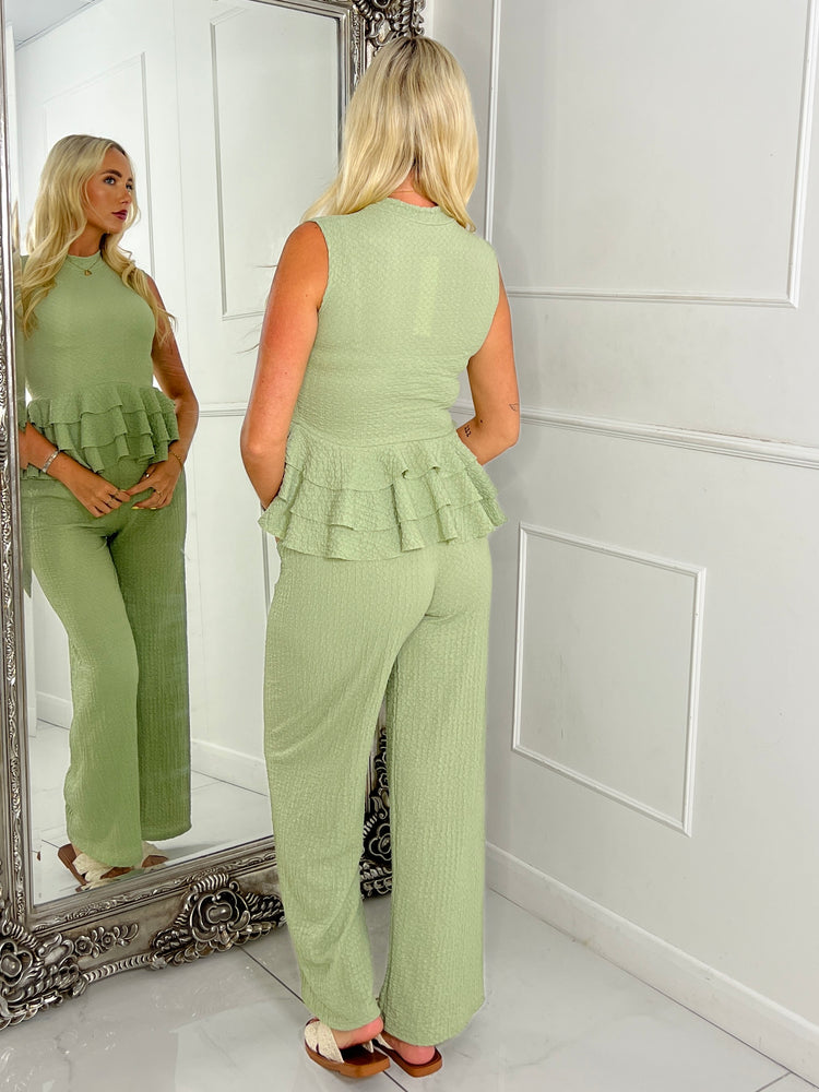 Cheesecloth High Neck Ruffle Bottom Top & Matching Flares Co-ord - Sage Green