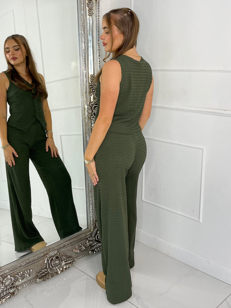 Button Up Detail Textured Waistcoat & Flares Set - Khaki