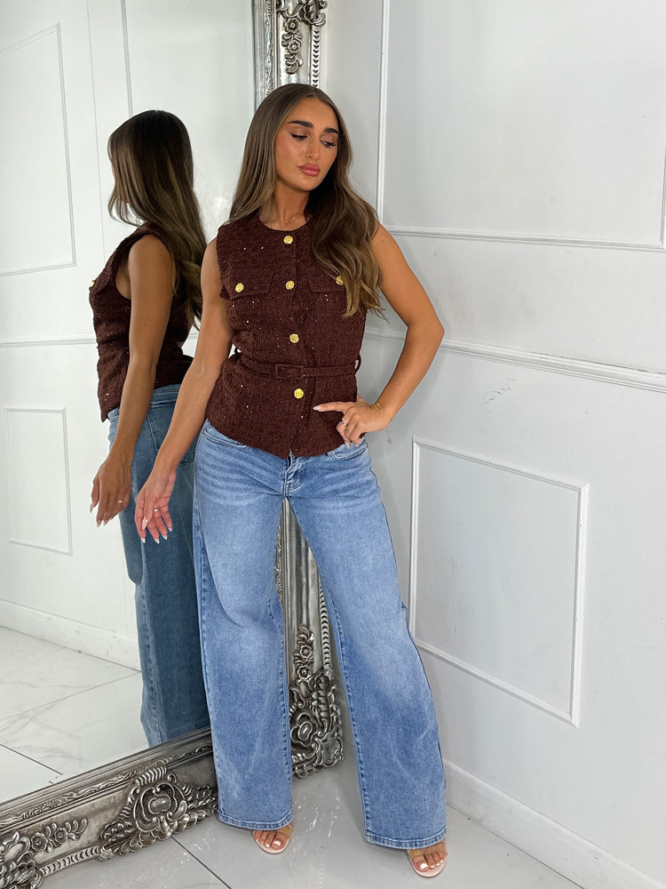 Tweed Sequin Belted Waistcoat - Brown