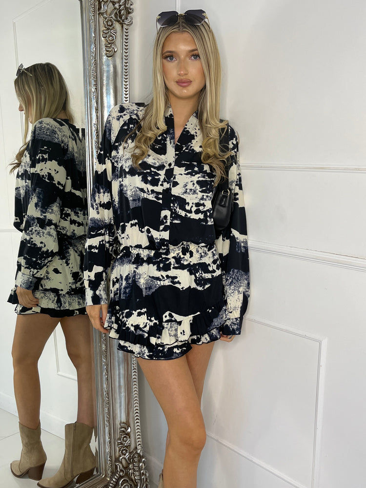 Matching Long Sleeve Shirt and Frill Skort Set - Navy Smudge Print