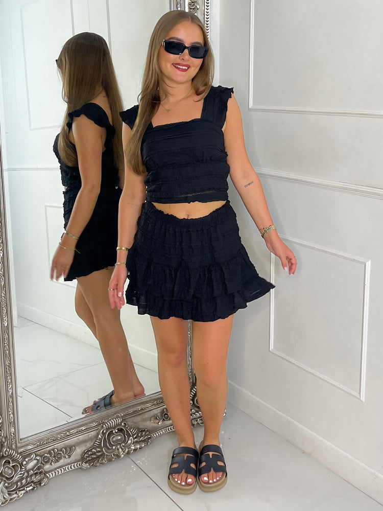 Ruffle Shoulder Textured Top & Skort Set - Black