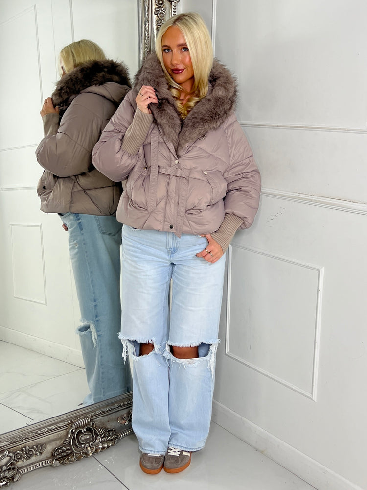 Hooded Faux Fur Puffer Coat With Buckle Detail - Grey/Mauve