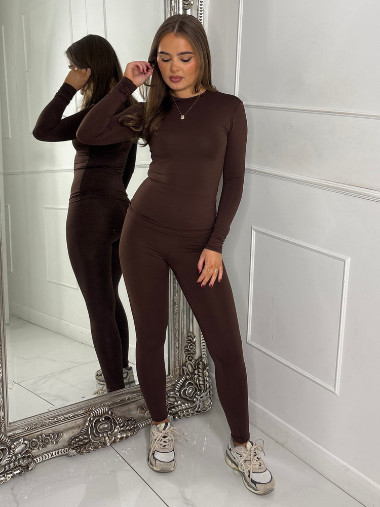 Round Neck Long Sleeve Second Skin Top & Sculpt Panel Leggings - Brown