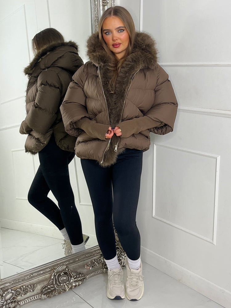 Hooded Puffer Coat With Faux Fur Trim - Brown