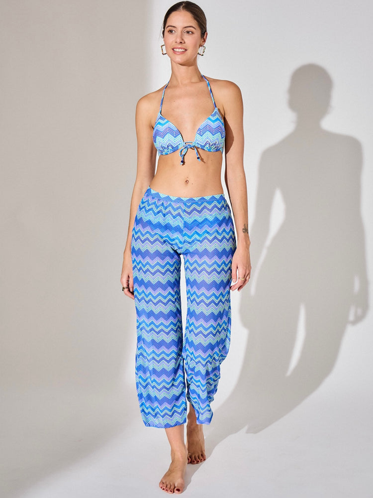 3 Piece Zig Zag Diamanté Tie Bikini- Blue