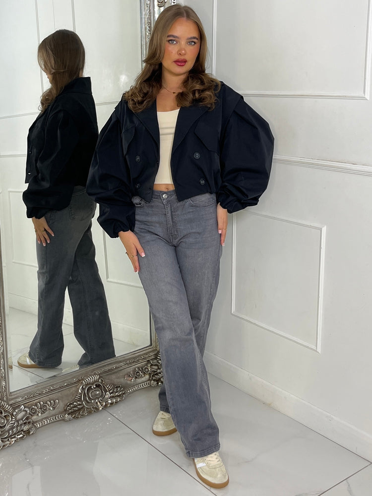 Crop Balloon Sleeve Trench Jacket - Black