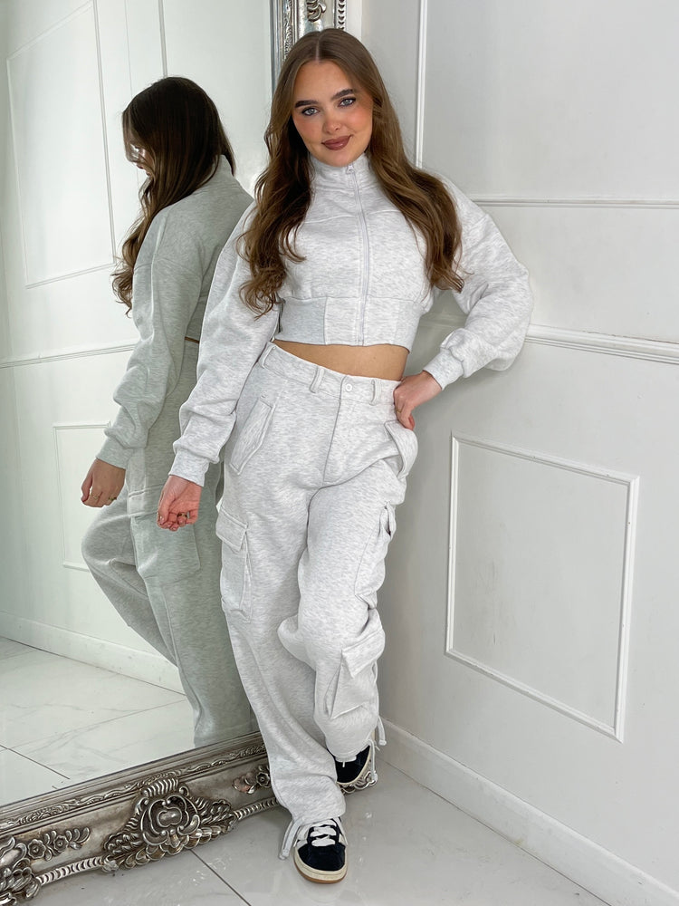 High neck Zip Up Jacket & Button Detail Cargo Pocket Flares - Light Grey