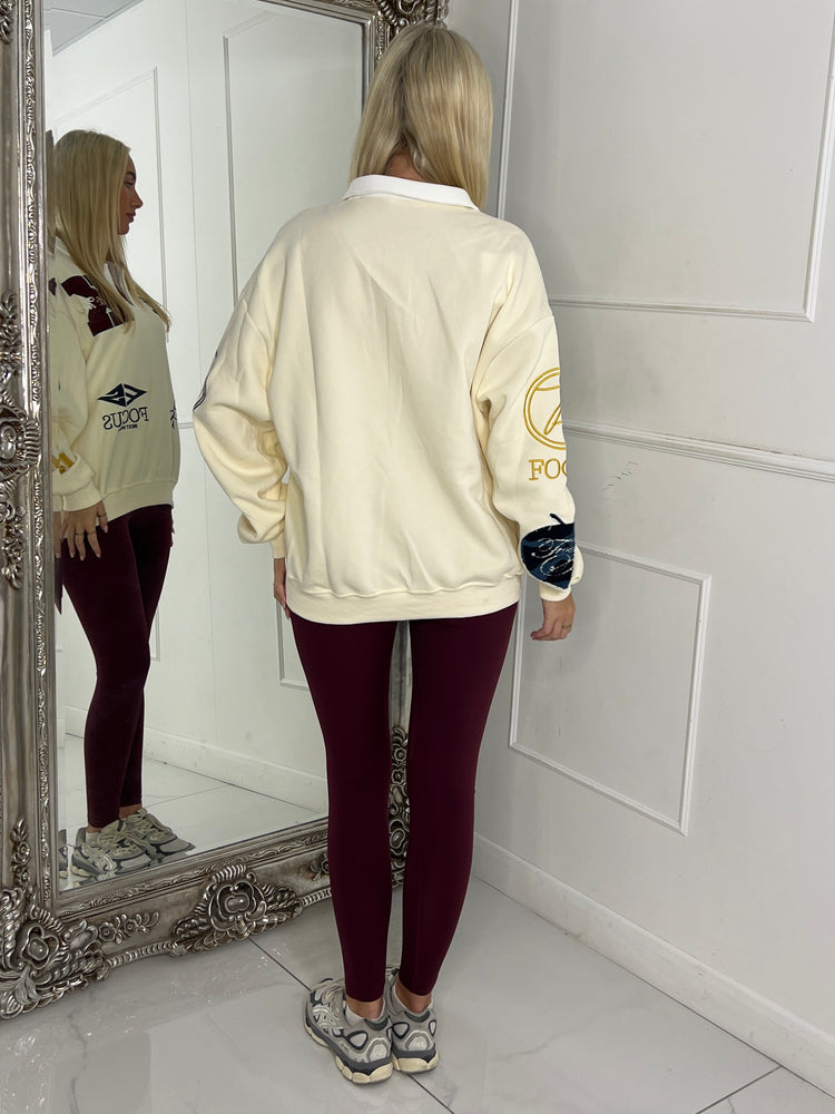 Varsity Badge Detail Rugby Style Top - Cream/Multi