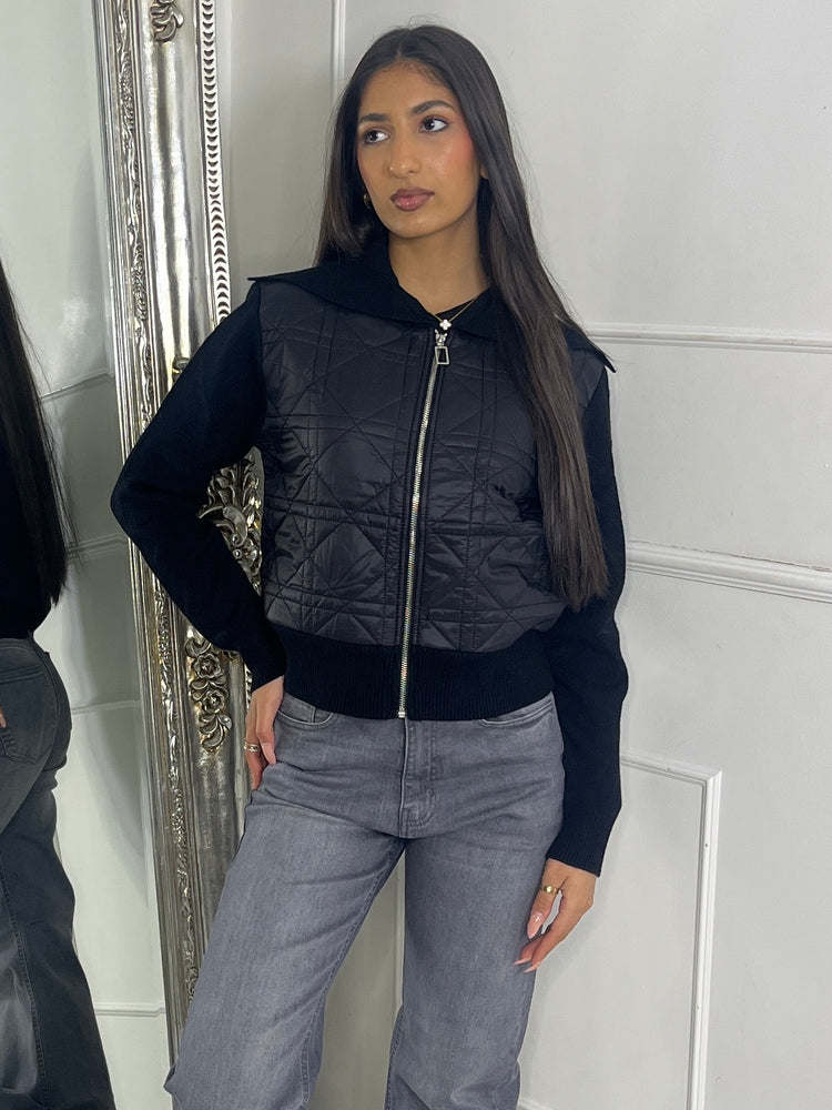 Ribbed Sleeve Padded Jacket - Black